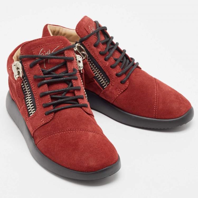 Pre Owned Gisueppe Zanotti Red Suede Double Zip Low Top Sneakers Size 38