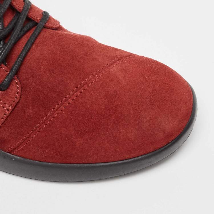 Pre Owned Gisueppe Zanotti Red Suede Double Zip Low Top Sneakers Size 38