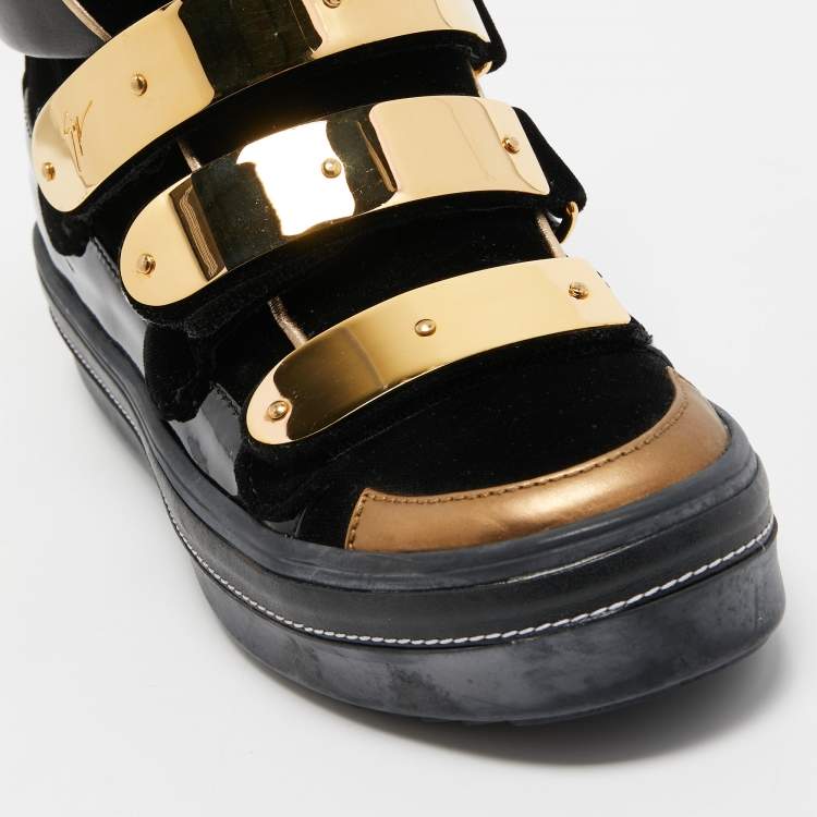 Pre Owned Giuseppe Zanotti Black Velvet and Leather Metal Plate High Top Sneakers Size 38.5