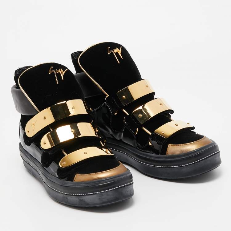Pre Owned Giuseppe Zanotti Black Velvet and Leather Metal Plate High Top Sneakers Size 38.5