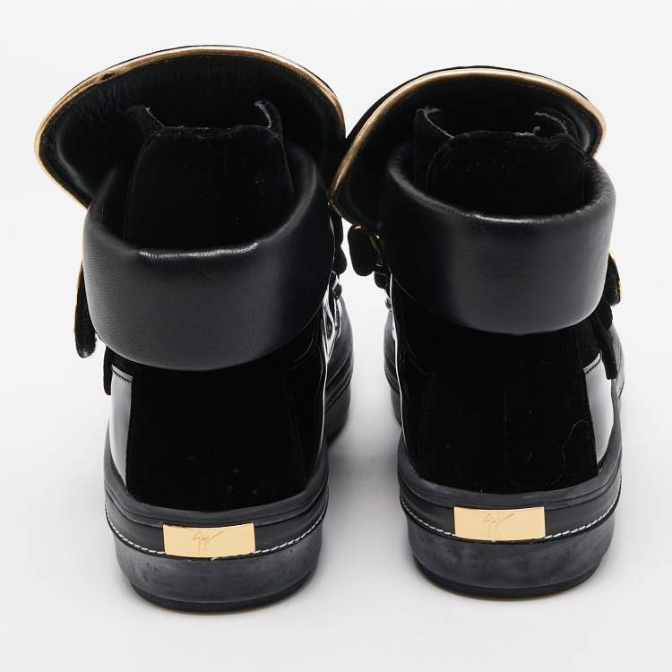 Pre Owned Giuseppe Zanotti Black Velvet and Leather Metal Plate High Top Sneakers Size 38.5