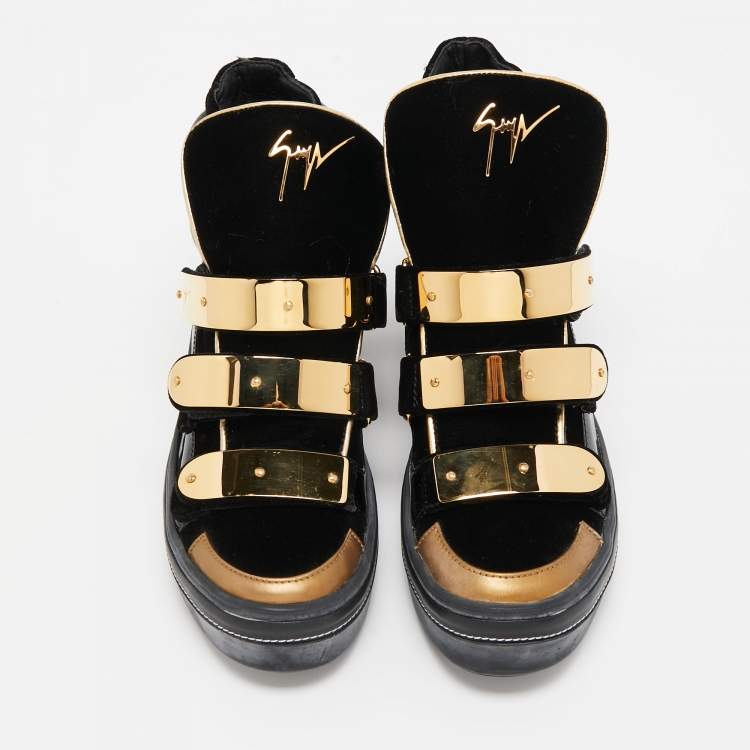Pre Owned Giuseppe Zanotti Black Velvet and Leather Metal Plate High Top Sneakers Size 38.5