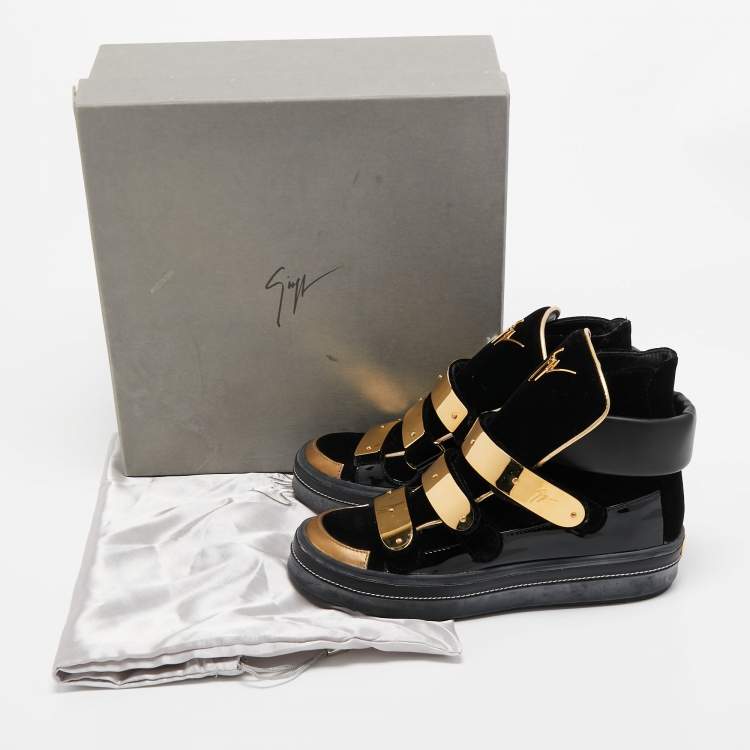 Pre Owned Giuseppe Zanotti Black Velvet and Leather Metal Plate High Top Sneakers Size 38.5