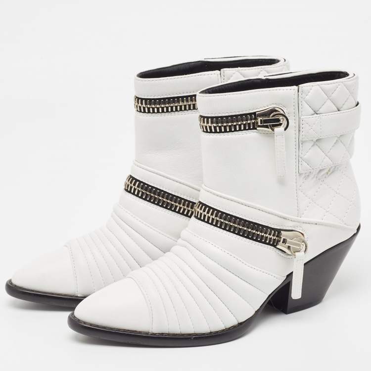 Pre Owned Giuseppe Zanotti White Quilted Leather Ankle Boots Size 37.5