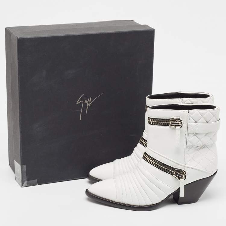 Pre Owned Giuseppe Zanotti White Quilted Leather Ankle Boots Size 37.5