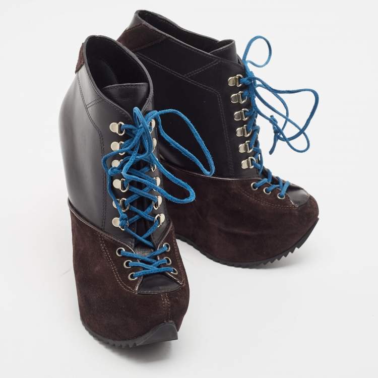 Pre Owned Giuseppe Zanotti Multicolor Suede and Leather Wedge Ankle Length Boots Size 35.5