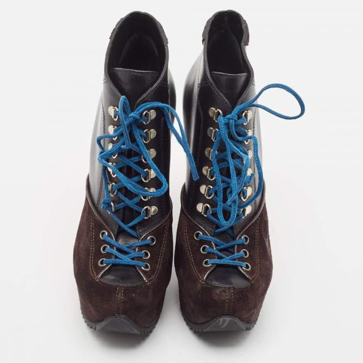 Pre Owned Giuseppe Zanotti Multicolor Suede and Leather Wedge Ankle Length Boots Size 35.5
