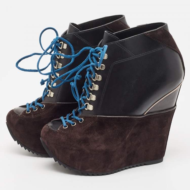 Pre Owned Giuseppe Zanotti Multicolor Suede and Leather Wedge Ankle Length Boots Size 35.5