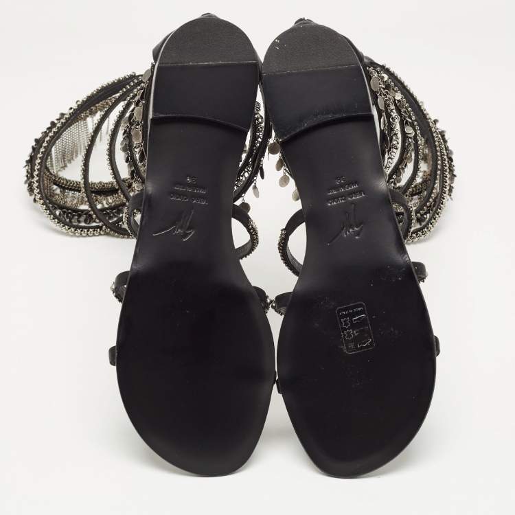 Pre Owned Giuseppe Zanotti Black Satin Embellished Gladiator Sandals Size 38
