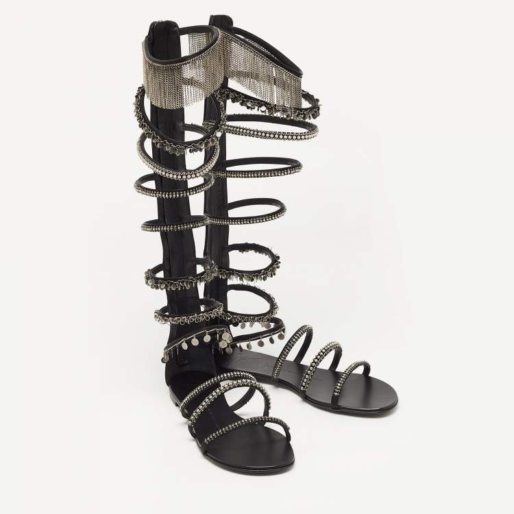 Pre Owned Giuseppe Zanotti Black Satin Embellished Gladiator Sandals Size 38