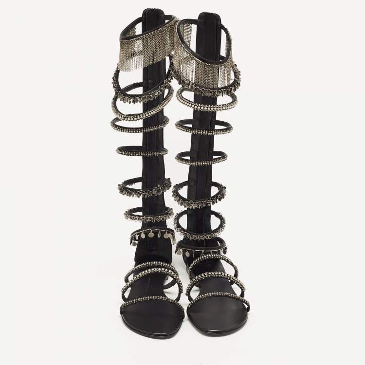 Pre Owned Giuseppe Zanotti Black Satin Embellished Gladiator Sandals Size 38