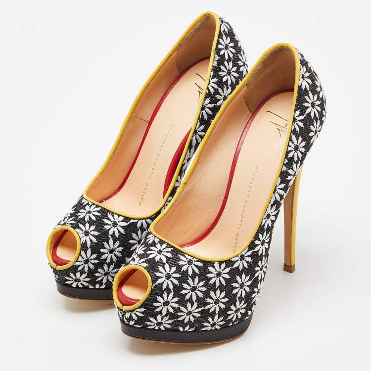 Pre Owned Giuseppe Zanotti Black/White Embroidered Canvas Sharon Peep Toe Pumps Size 37.5