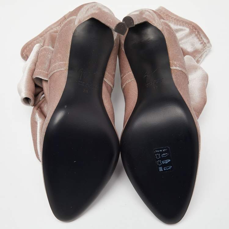 Pre Owned Giuseppe Zanotti Light Pink Velvet Bow Stretch Ankle Booties Size 38