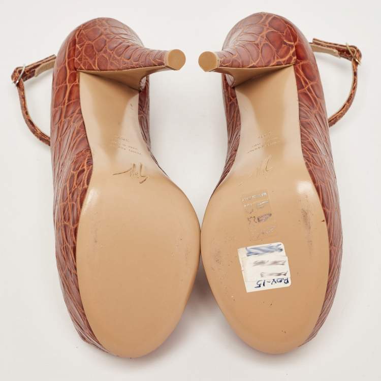 Pre Owned Giuseppe Zanotti Brown Croc Embossed Leather Peep Toe Platform Pumps Size 38.5