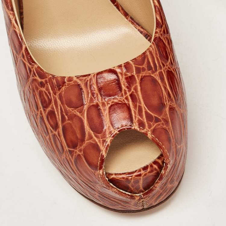 Pre Owned Giuseppe Zanotti Brown Croc Embossed Leather Peep Toe Platform Pumps Size 38.5