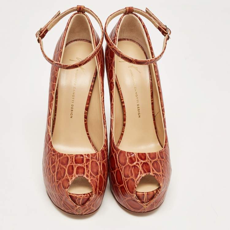 Pre Owned Giuseppe Zanotti Brown Croc Embossed Leather Peep Toe Platform Pumps Size 38.5