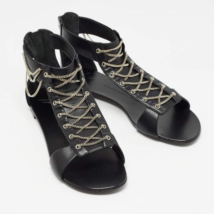 Pre Owned Giuseppe Zanotti Black Leather Roll Chain Flat Sandals Size 41