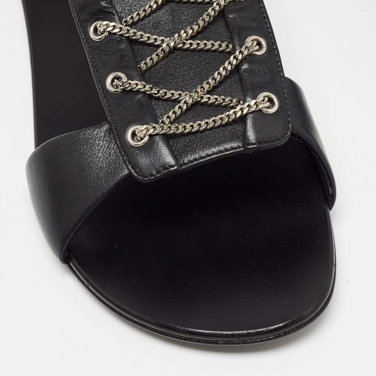 Pre Owned Giuseppe Zanotti Black Leather Roll Chain Flat Sandals Size 41