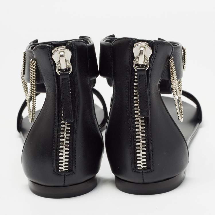 Pre Owned Giuseppe Zanotti Black Leather Roll Chain Flat Sandals Size 41