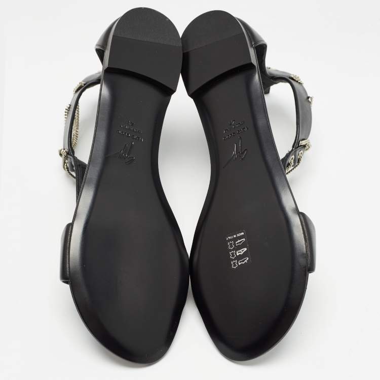 Pre Owned Giuseppe Zanotti Black Leather Roll Chain Flat Sandals Size 41