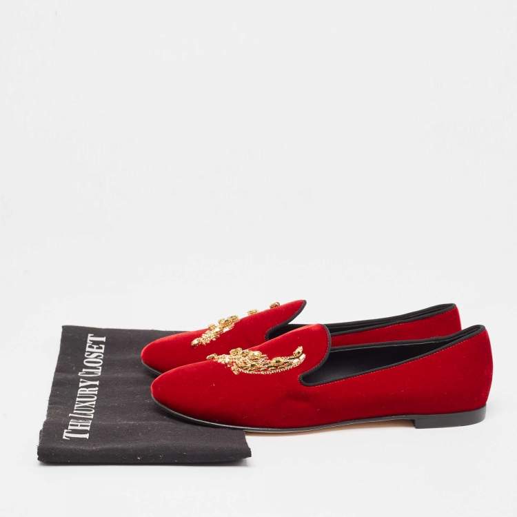 Pre Owned Giuseppe Zanotti Red Velvet Crystal Embellished Smoking Slippers Size 38