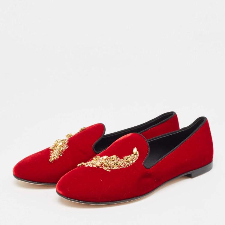 Pre Owned Giuseppe Zanotti Red Velvet Crystal Embellished Smoking Slippers Size 38