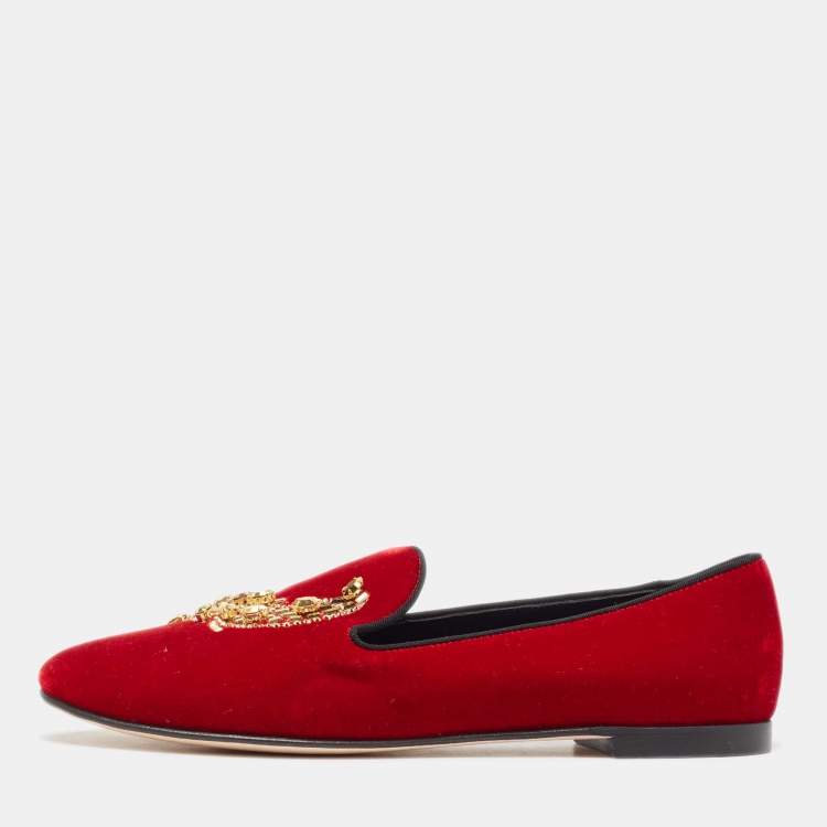Pre Owned Giuseppe Zanotti Red Velvet Crystal Embellished Smoking Slippers Size 38