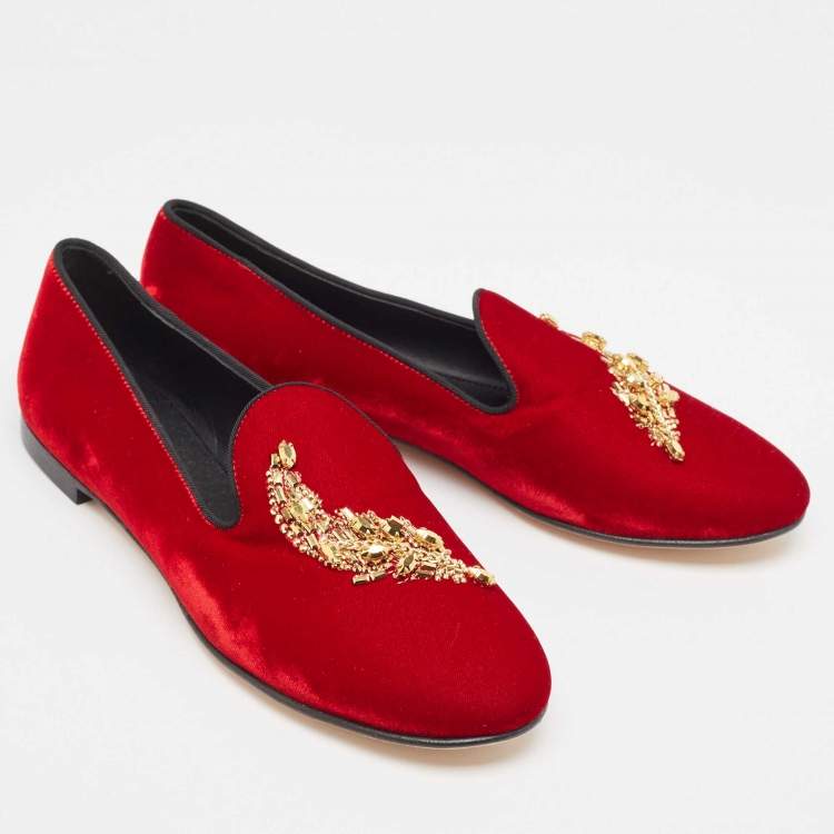 Pre Owned Giuseppe Zanotti Red Velvet Crystal Embellished Smoking Slippers Size 38