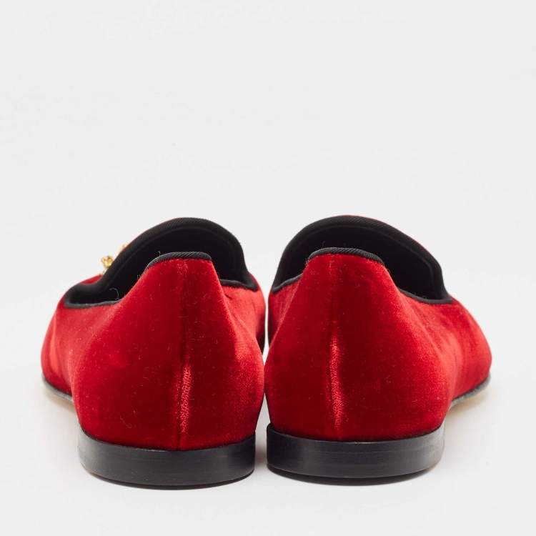 Pre Owned Giuseppe Zanotti Red Velvet Crystal Embellished Smoking Slippers Size 38