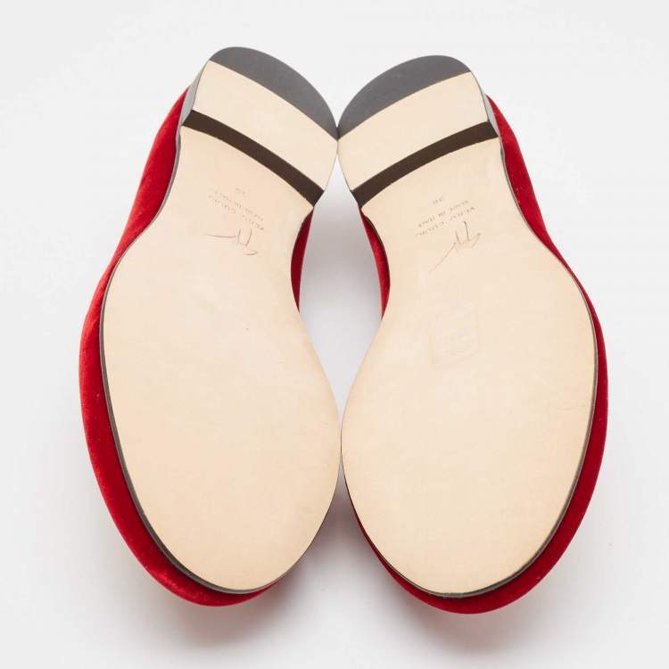 Pre Owned Giuseppe Zanotti Red Velvet Crystal Embellished Smoking Slippers Size 38