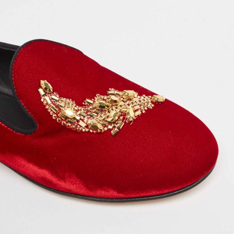 Pre Owned Giuseppe Zanotti Red Velvet Crystal Embellished Smoking Slippers Size 38
