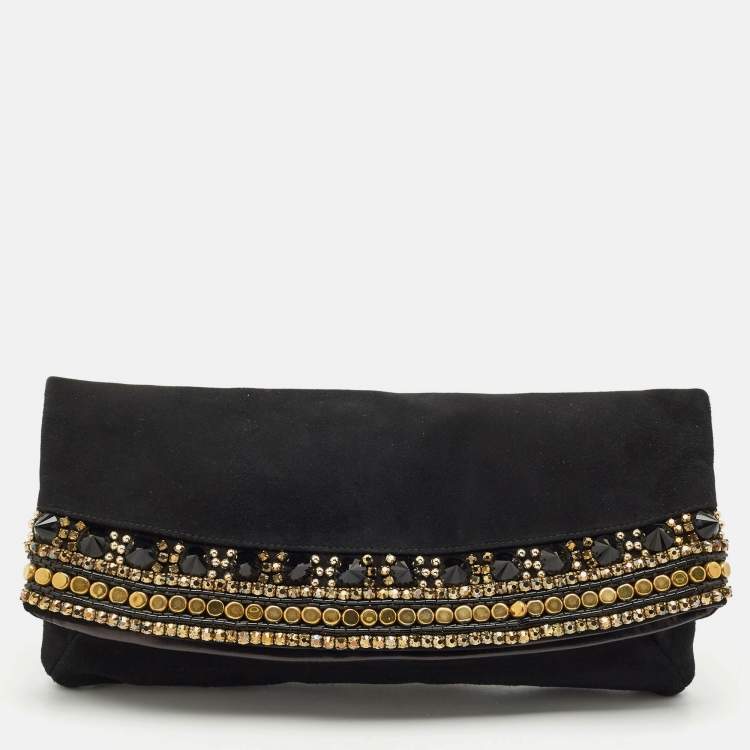 Pre Owned Giuseppe Zanotti Black Suede Crystals Embellished Clutch