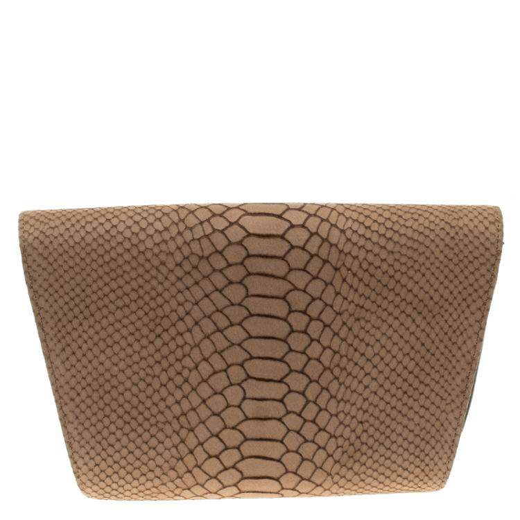 Pre Owned Giuseppe Zanotti Beige Python Embossed Suede Metal Trapezoid Clutch