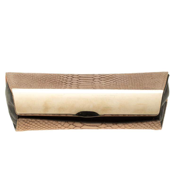 Pre Owned Giuseppe Zanotti Beige Python Embossed Suede Metal Trapezoid Clutch