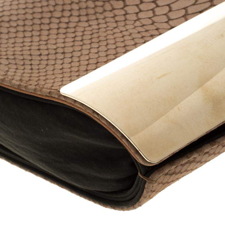 Pre Owned Giuseppe Zanotti Beige Python Embossed Suede Metal Trapezoid Clutch