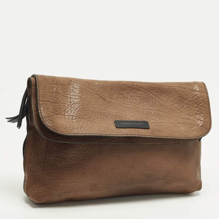 Pre Owned Giuseppe Zanotti Brown Pebbled Leather Oversized Zip Clutch