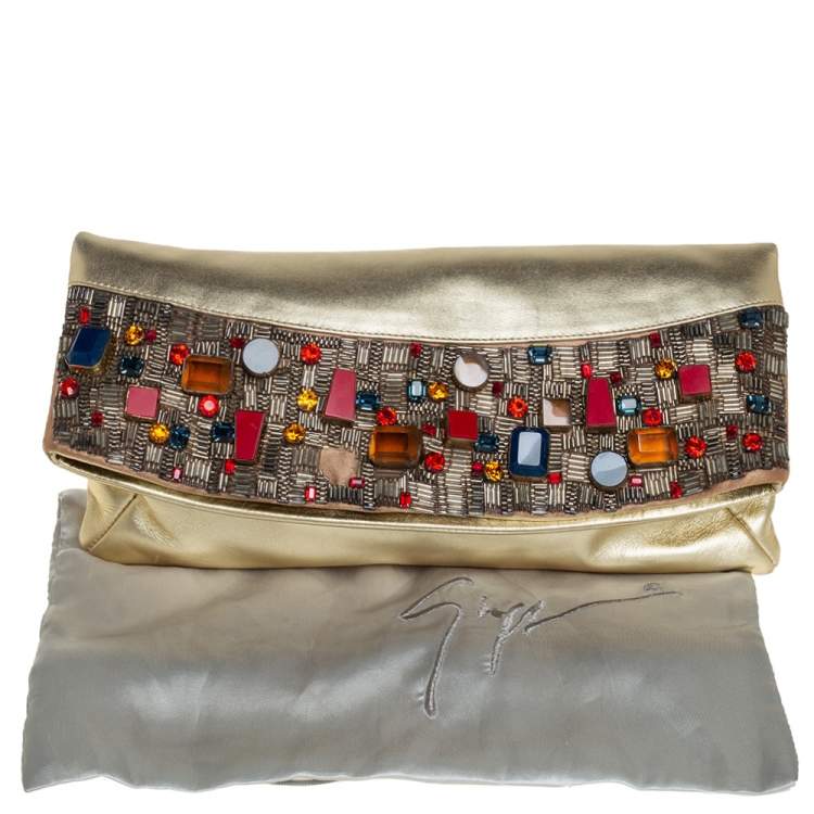 Pre Owned Giuseppe Zanotti Gold Leather Crystal Embellished Foldover Clutch