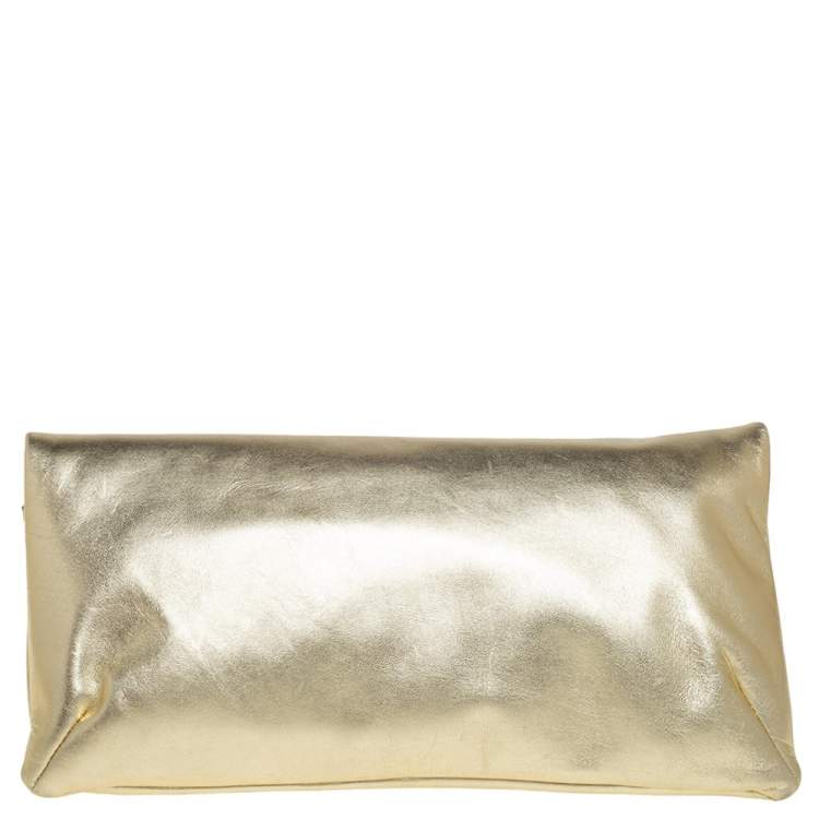 Pre Owned Giuseppe Zanotti Gold Leather Crystal Embellished Foldover Clutch