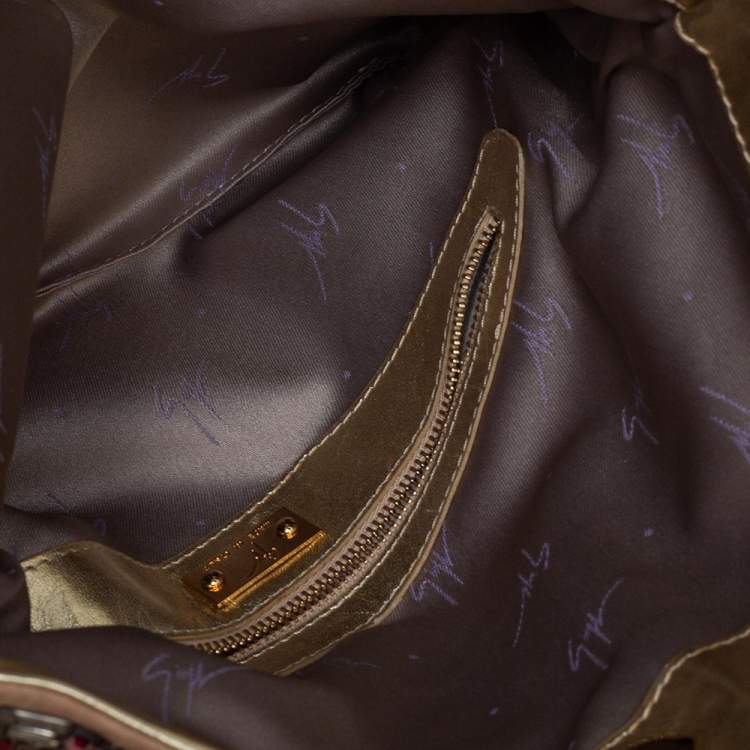 Pre Owned Giuseppe Zanotti Gold Leather Crystal Embellished Foldover Clutch