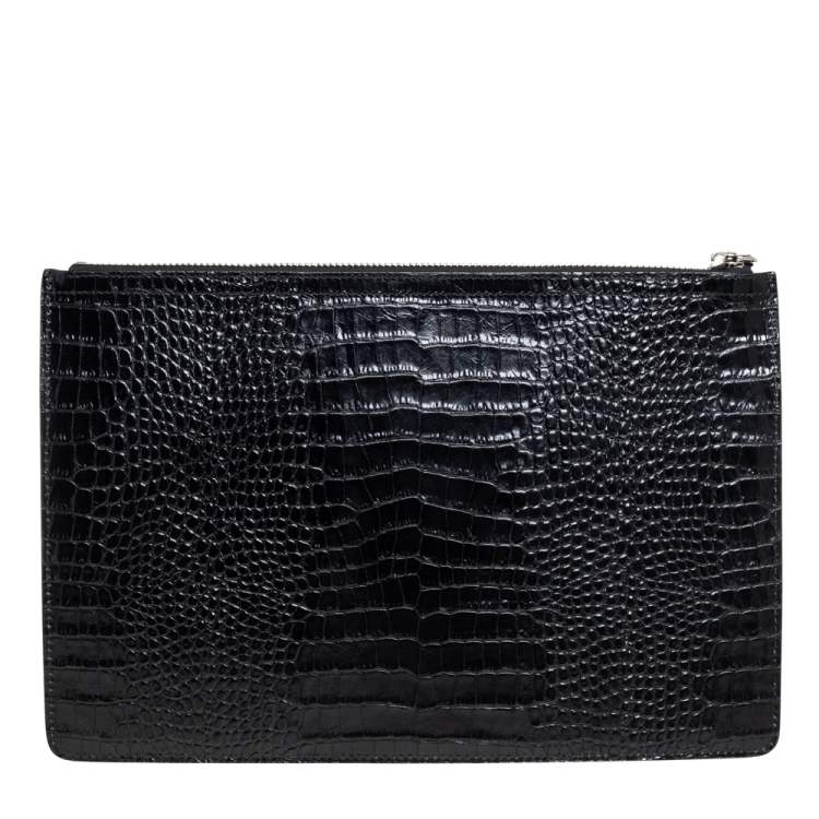 Pre Owned Giuseppe Zanotti Black Croc Embossed Leather Clutch