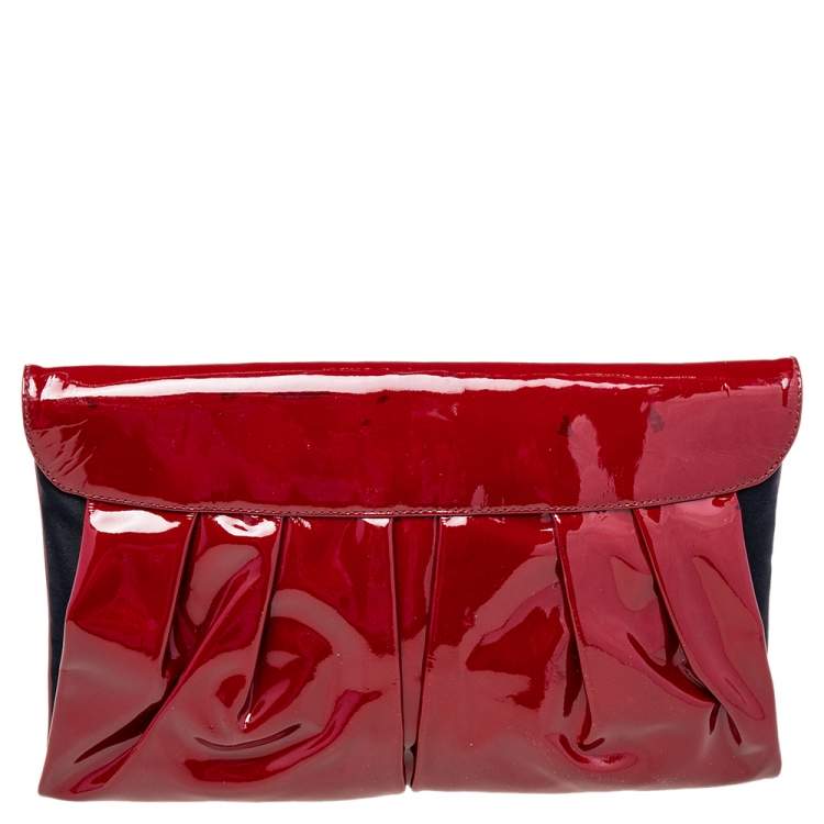 Pre Owned Giuseppe Zanotti Red/Black Satin And Pleated Patent Leather Flap Clutch