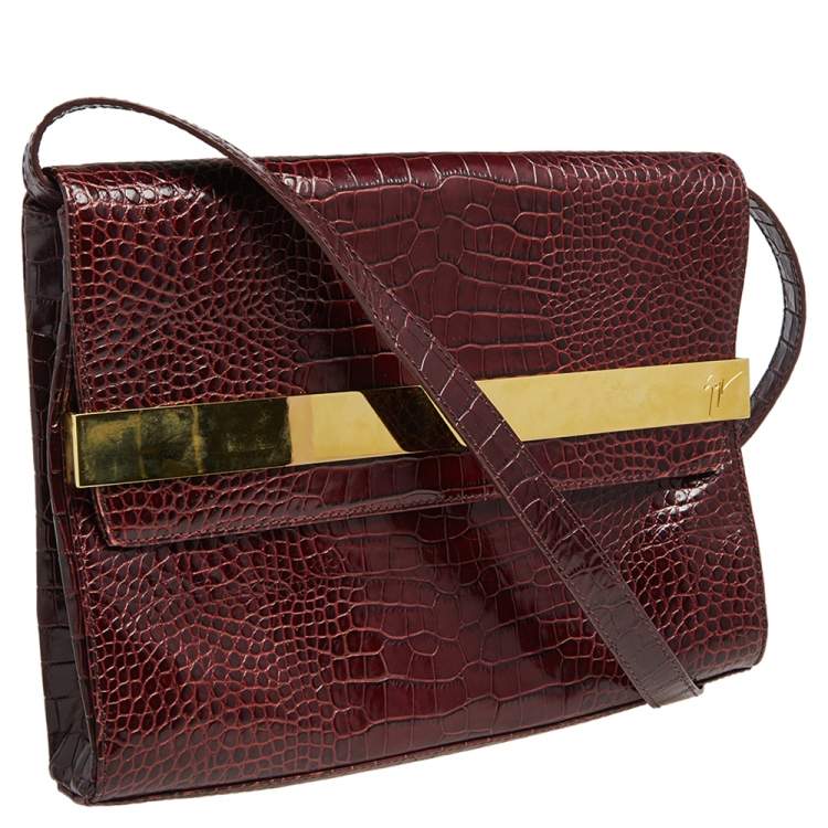 Pre Owned Giuseppe Zanotti Burgundy Croc Embossed Leather Shoulder Bag