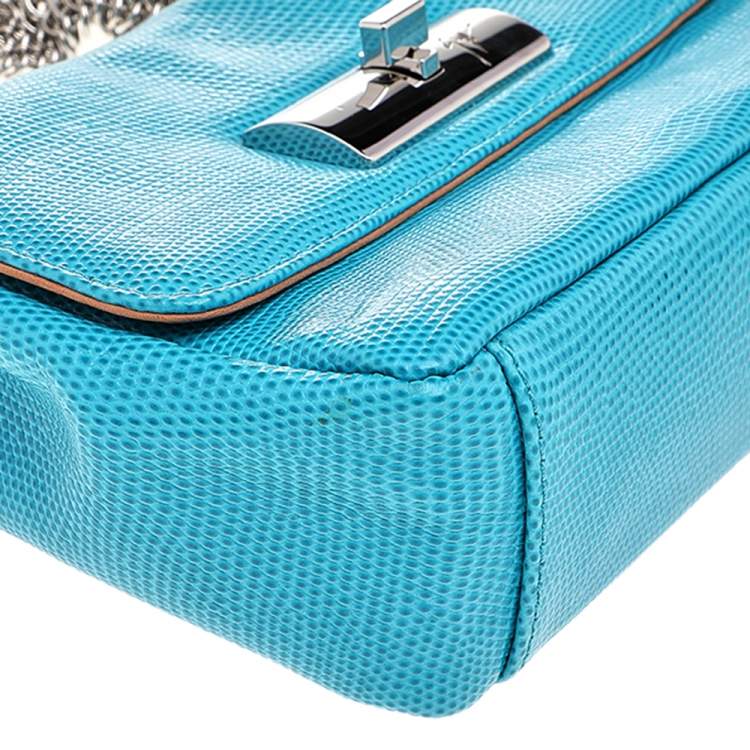 Pre Owned Giuseppe Zanotti Aqua Blue Embossed Leather Chain Top Handle Bag