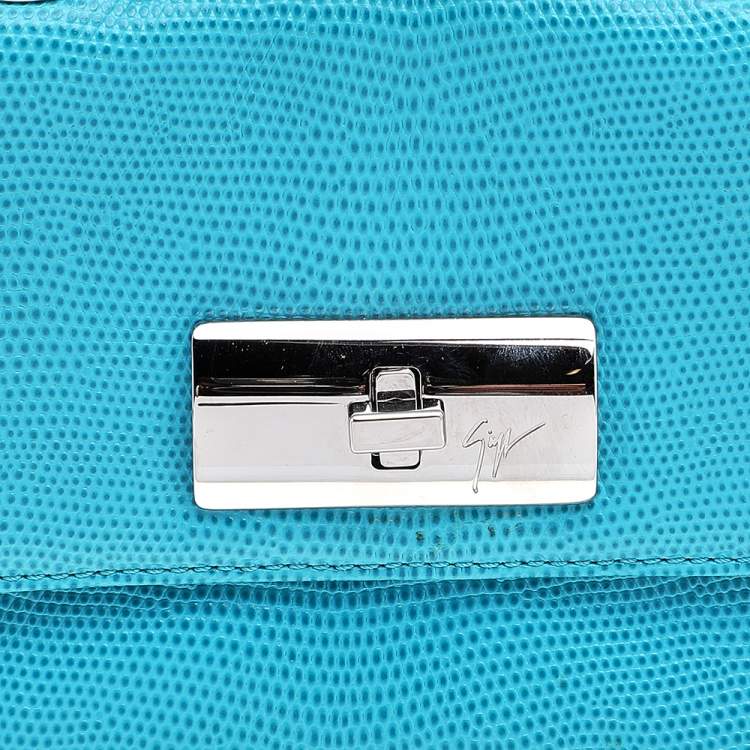 Pre Owned Giuseppe Zanotti Aqua Blue Embossed Leather Chain Top Handle Bag