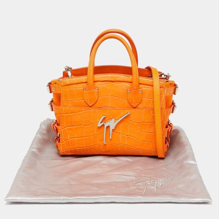 Pre Owned Giuseppe Zanotti Neon Orange Croc Embossed Leather G17 Top Handle Bag