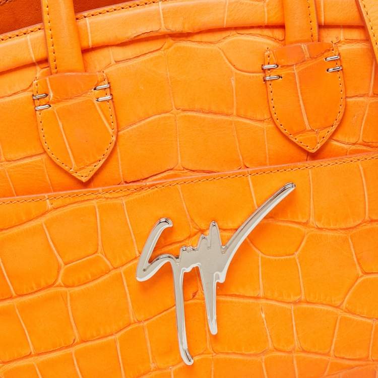 Pre Owned Giuseppe Zanotti Neon Orange Croc Embossed Leather G17 Top Handle Bag