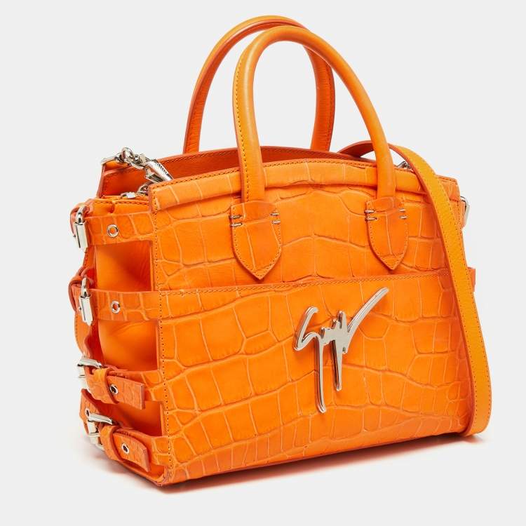 Pre Owned Giuseppe Zanotti Neon Orange Croc Embossed Leather G17 Top Handle Bag