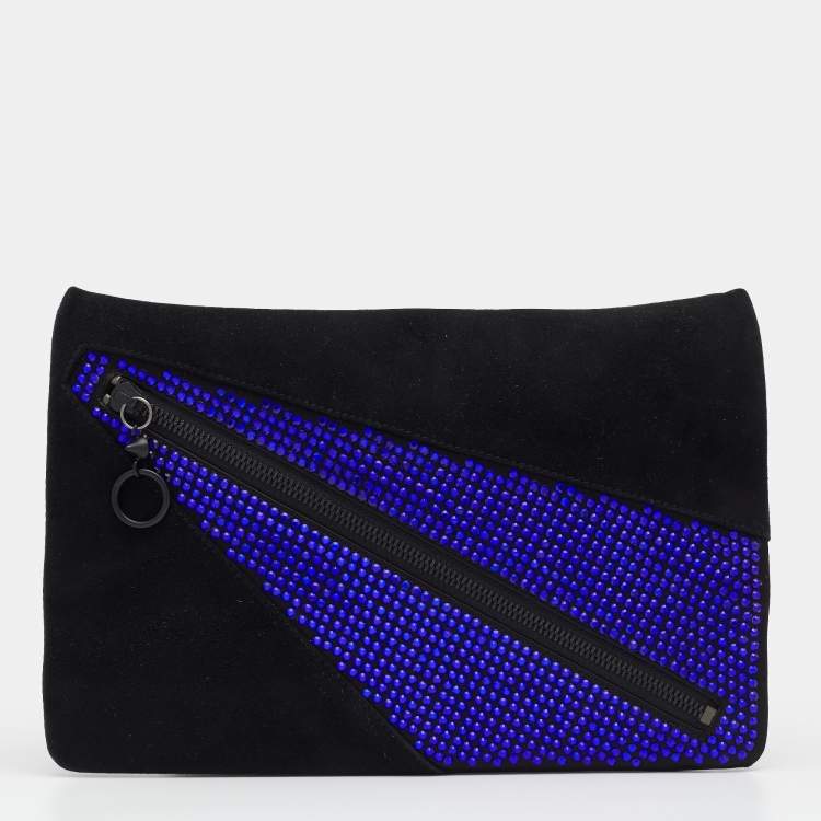 Pre Owned Giuseppe Zanotti Black Suede and Leather Embellished Zip Clutch