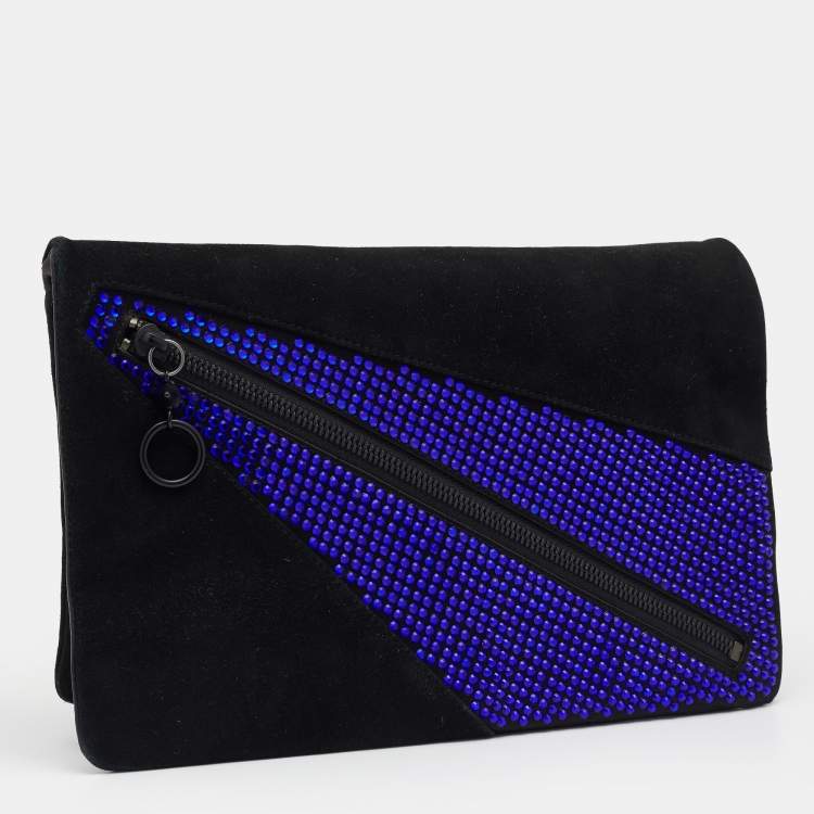 Pre Owned Giuseppe Zanotti Black Suede and Leather Embellished Zip Clutch