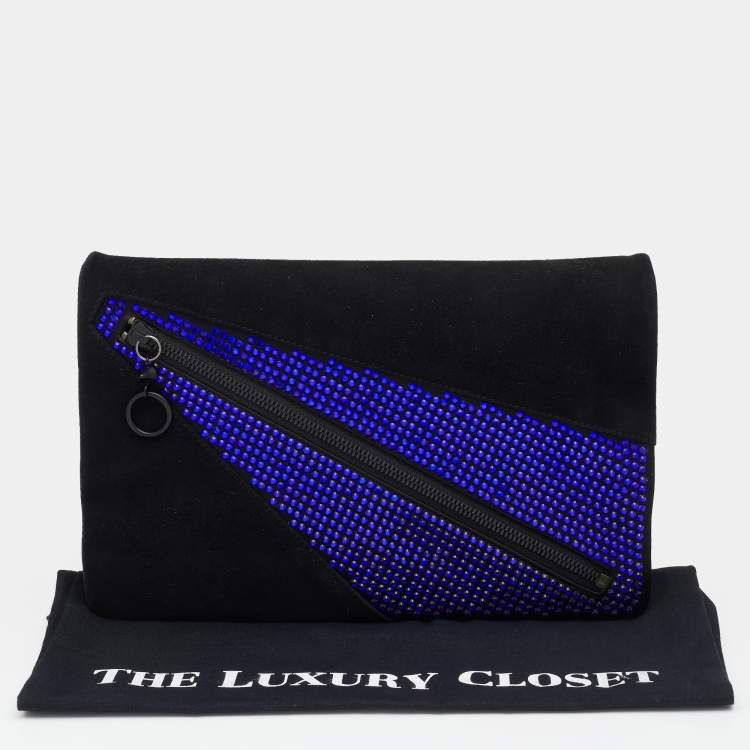 Pre Owned Giuseppe Zanotti Black Suede and Leather Embellished Zip Clutch